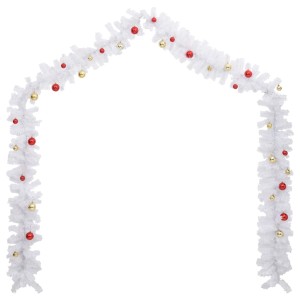 Weihnachtsgirlande, weiß, 5m, mit roten und goldenen Kugeln geschmückt.