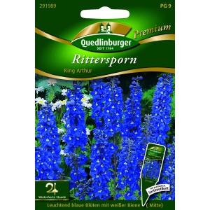 Quedlinburger Rittersporn 'King Arthur' Blumensamen mit blauen Blüten auf der Verpackung.