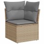 Beige Garten-Sofagarnitur Ecke aus Polyrattan mit grauen Kissen. Teil einer modularen Sitzgruppe.