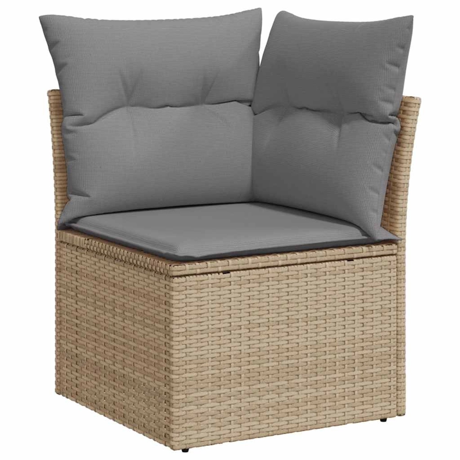 Beige Garten-Sofagarnitur Ecke aus Polyrattan mit grauen Kissen. Teil einer modularen Sitzgruppe.