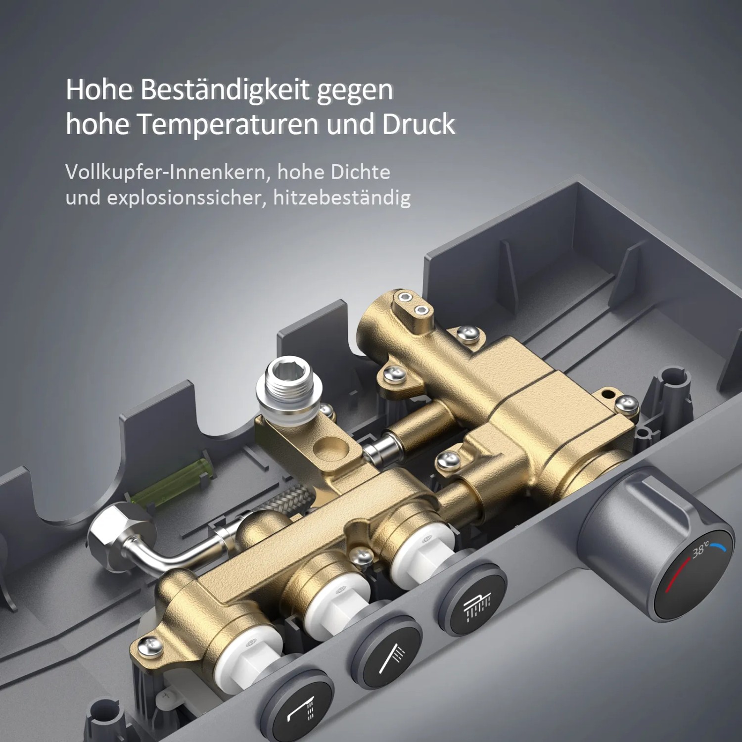 Innenansicht Emke Duschsystem Anthrazit: Thermostat, Kupferkern, Bedienelemente. Brauseset Detail.