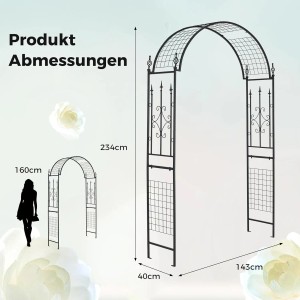 Schwarzer Costway Rosenbogen aus Metall mit Maßen und einer Person zum Größenvergleich.