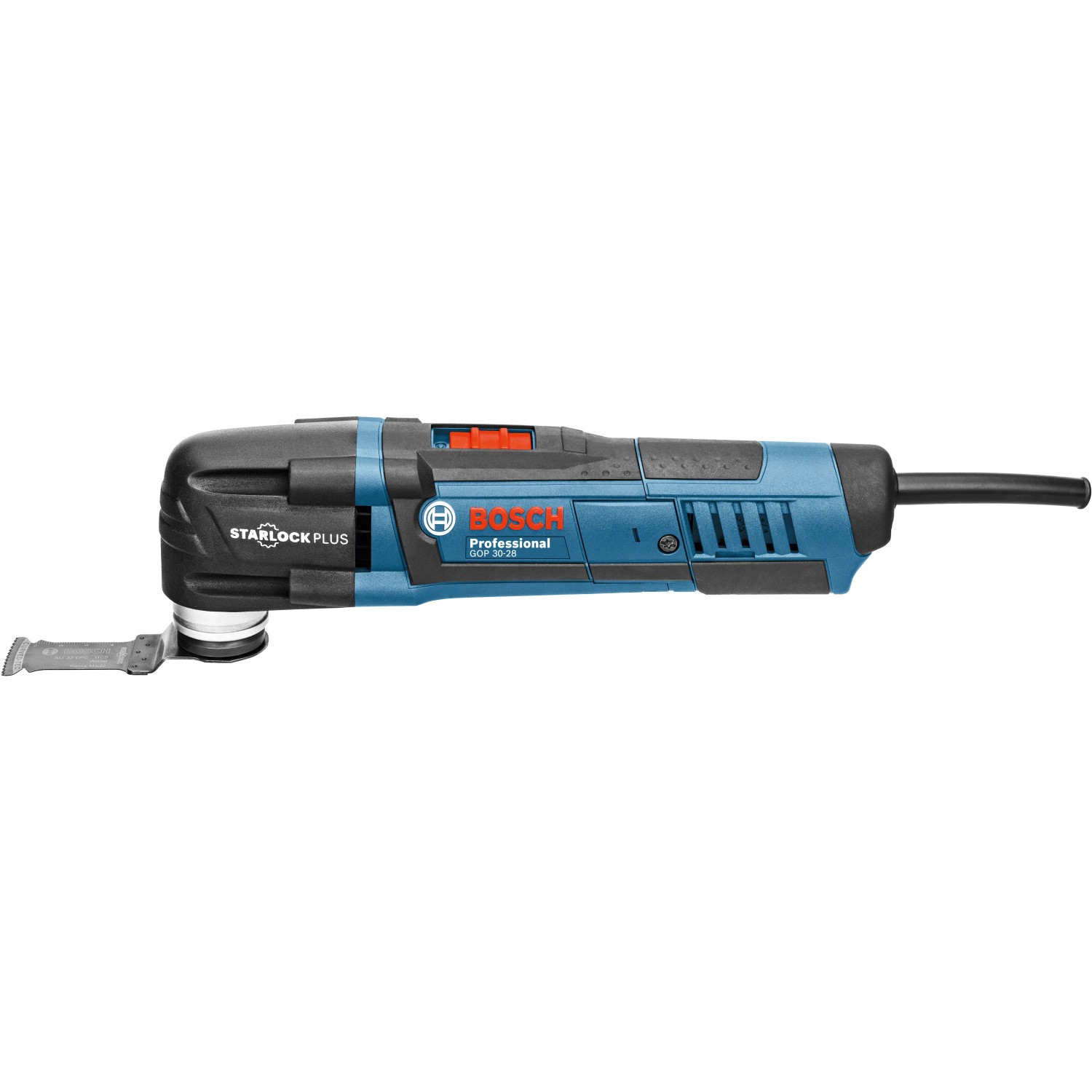 Bosch Professional GOP 30-28 Multi-Cutter (300 W) mit blauem Gehäuse und Zubehör.
