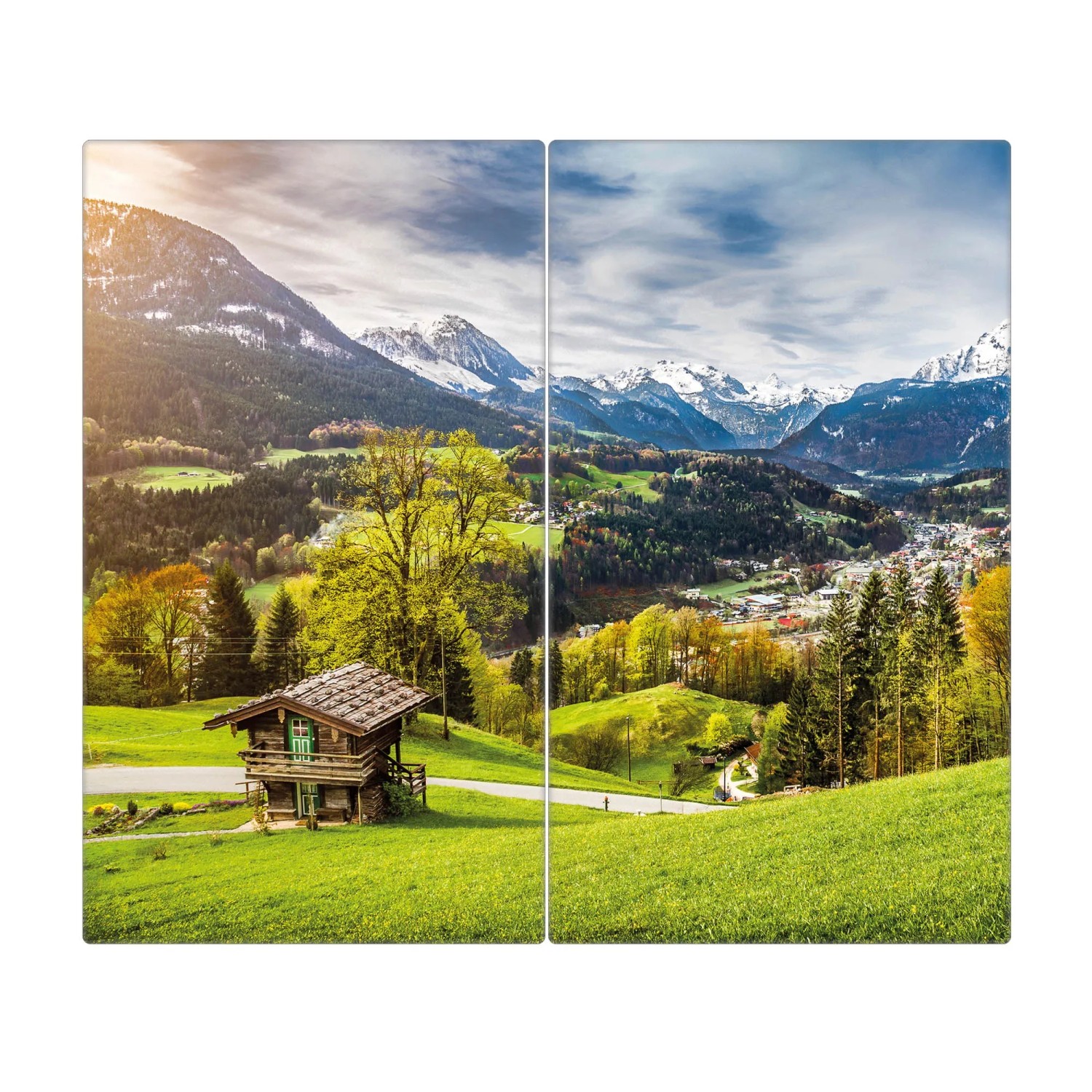 2-teilige Glas Herdabdeckplatte mit Berglandschaft Berchtesgadener Land Motiv.