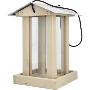 Sandfarbenes Vogelhaus mit Schiebedach aus Metall, 28x19x19 cm. Vogelfutterspender aus Kiefernholz mit Plexiglas.