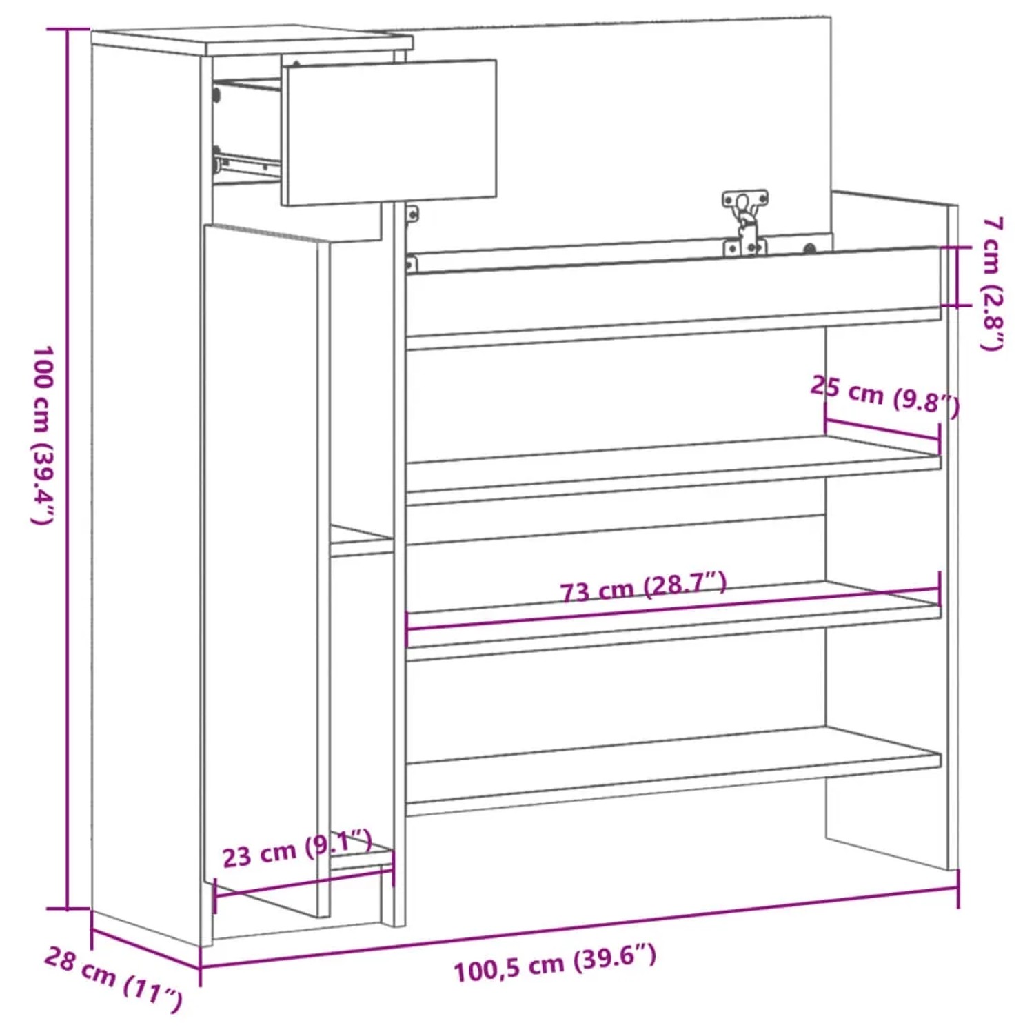 vidaXL Schuhschrank, Betongrau, 100,5x28x100 cm, aus Holzwerkstoff mit Schublade und Ablagen.