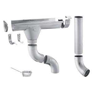 Zambelli Dachrinnen Komplettset, 8-teilig, Zink Silber, für Gartenhaus. Inkl. Rinnen, Fallrohre und Verbinder.