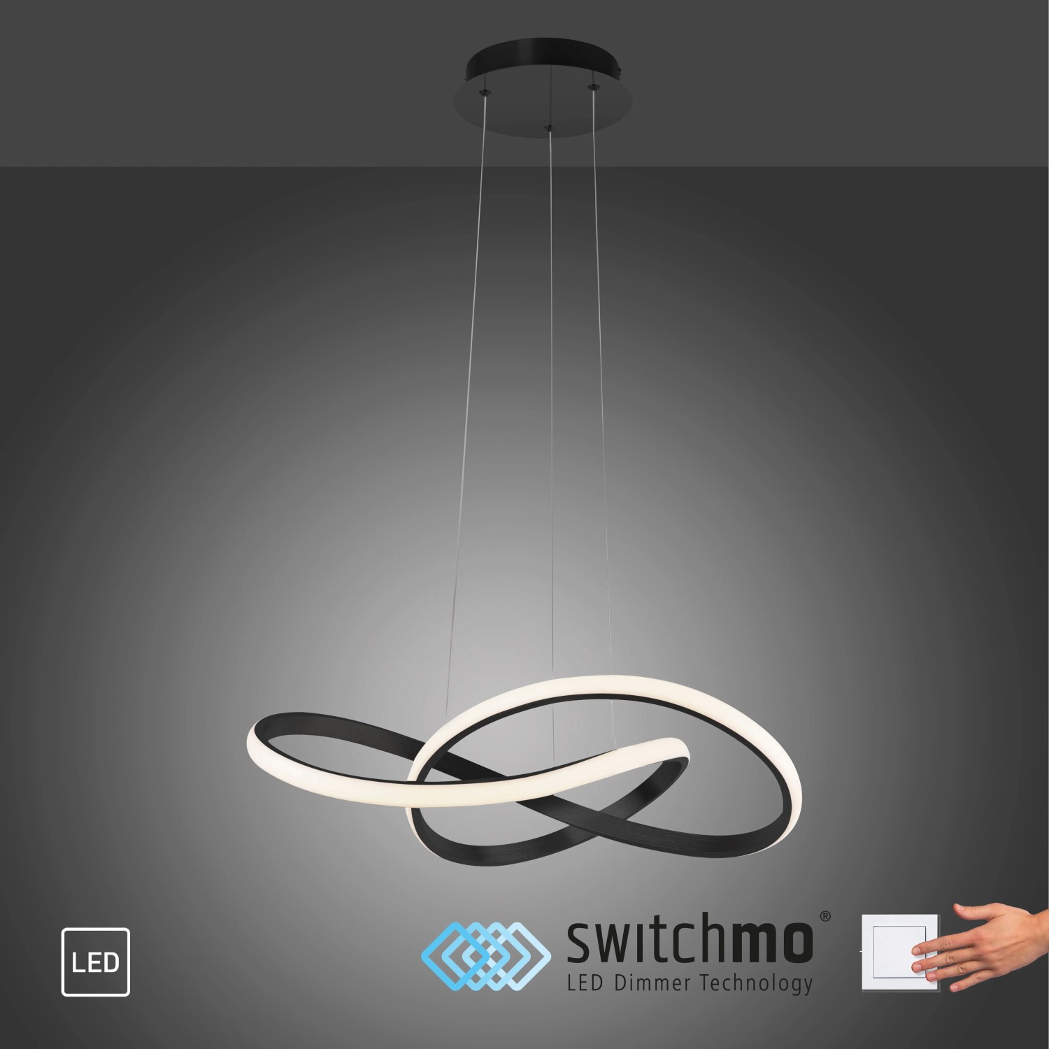 Moderne, schwarze LED-Pendelleuchte Maria mit geschwungenem Design für Wohnräume.