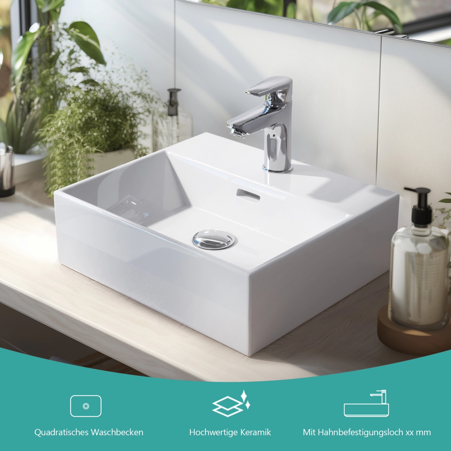 Modernes, weißes Emke Handwaschbecken aus Keramik mit Hahnloch für Bad oder Gäste-WC.