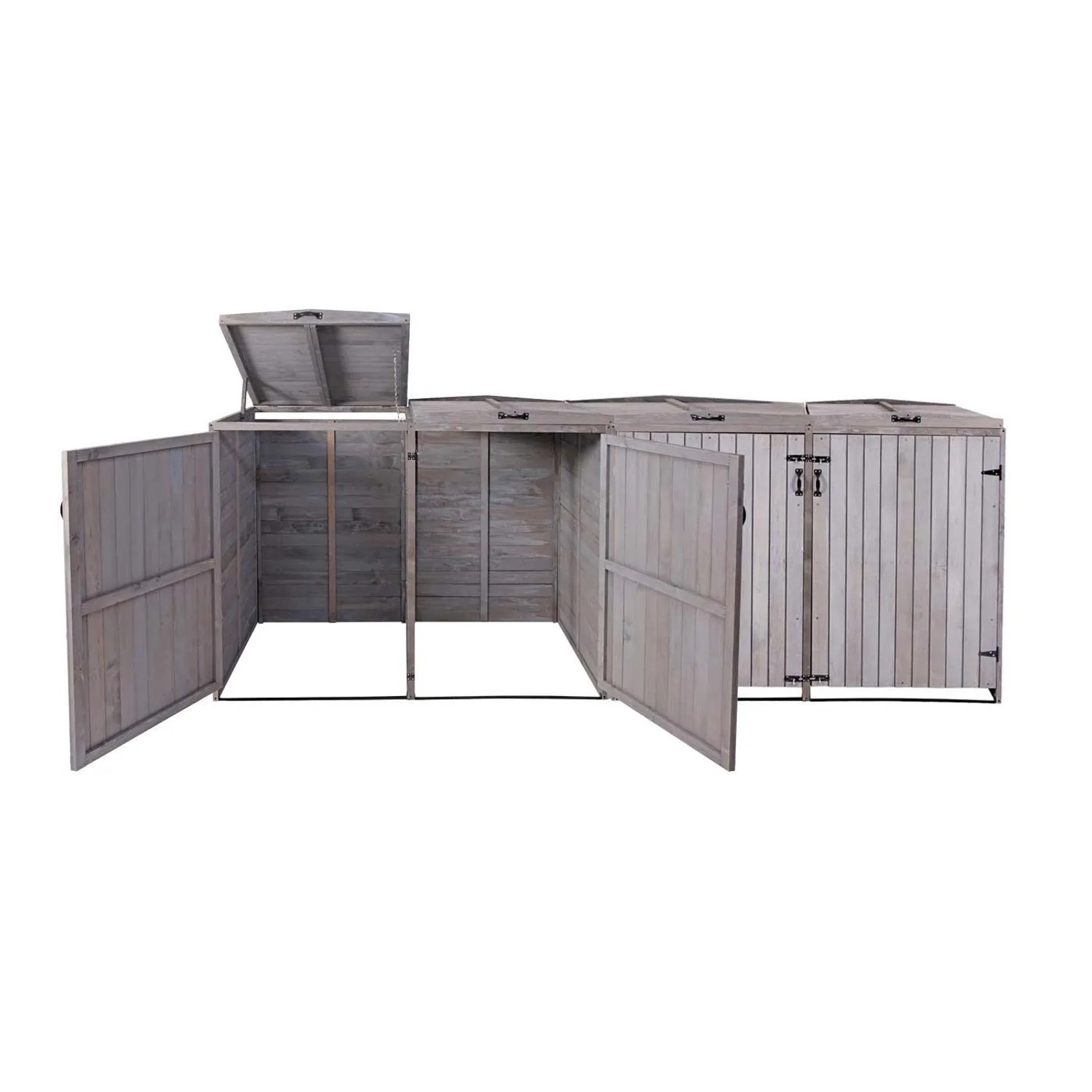 Proregal XL Mülltonnenbox aus anthrazit-grauem Tannenholz für 4 Tonnen, mit geöffneten Klappen und Türen.