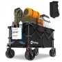 Sekey XXL Bollerwagen, faltbar, schwarz, mit Campingausrüstung beladen. Kompakte Faltversion im Hintergrund.