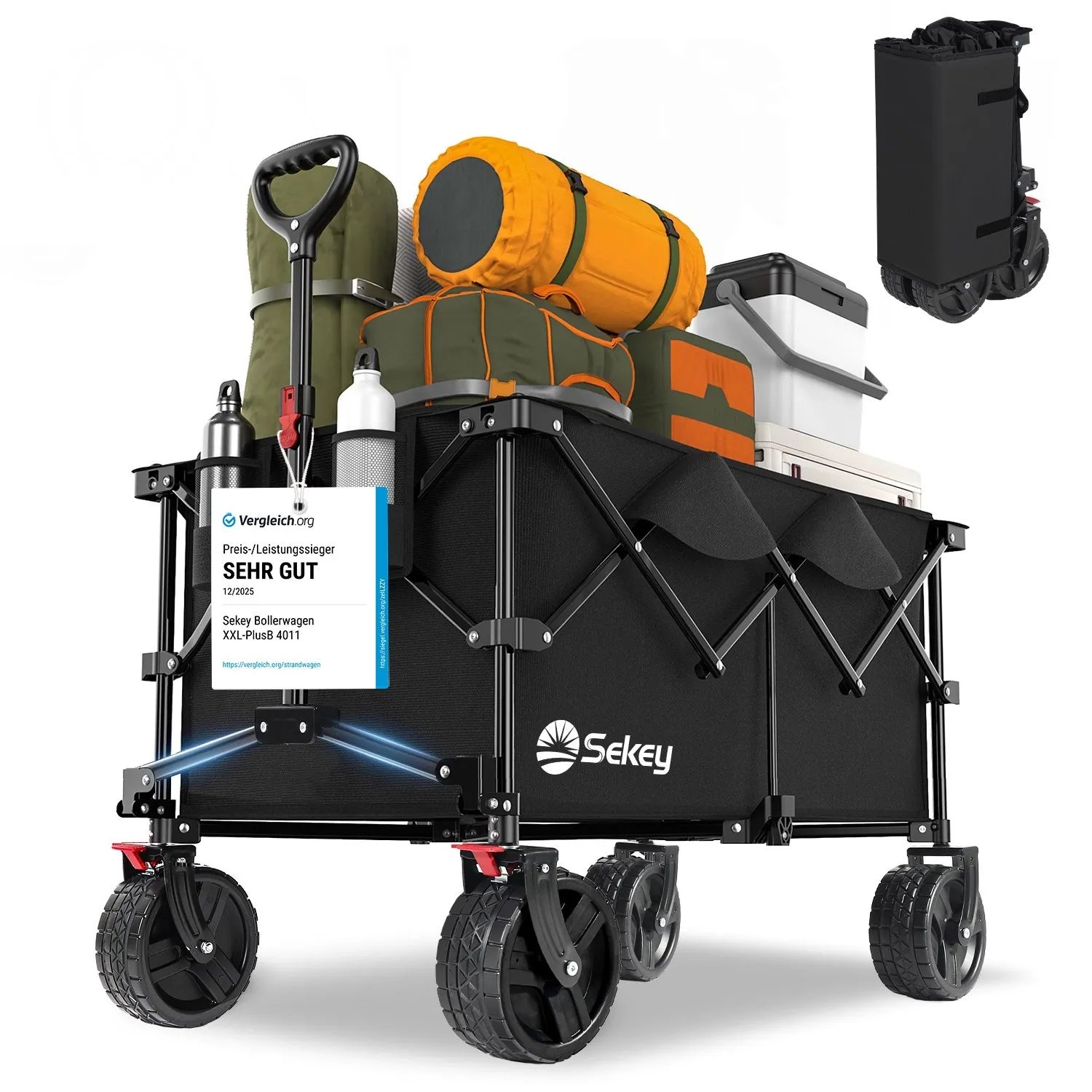 Sekey XXL Plus Bollerwagen Faltbar 200L 200KG mit Bremsen und Extra Breiten Rädern Schwarz