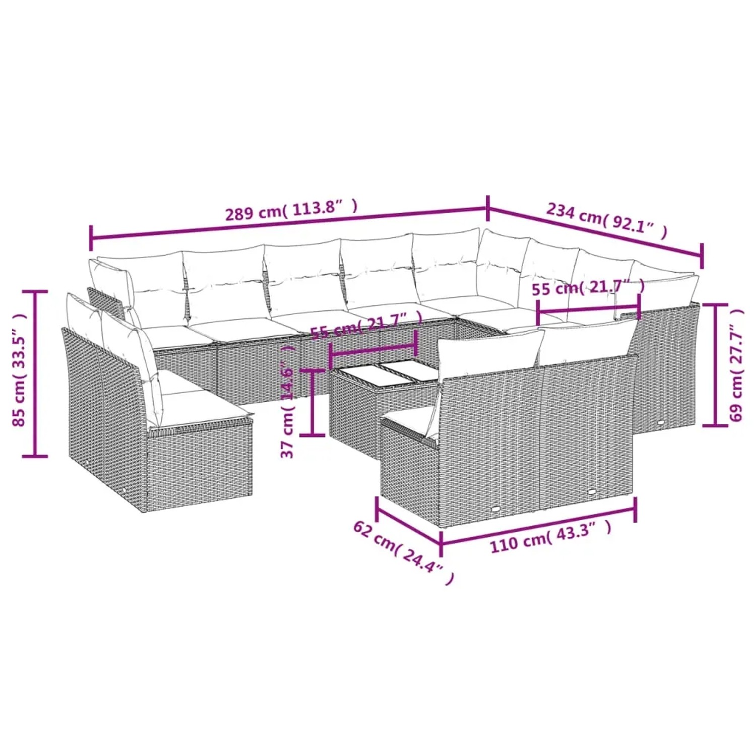 Beige 13-tlg. Garten Sofagarnitur aus Polyrattan mit Kissen, Maße eingezeichnet.