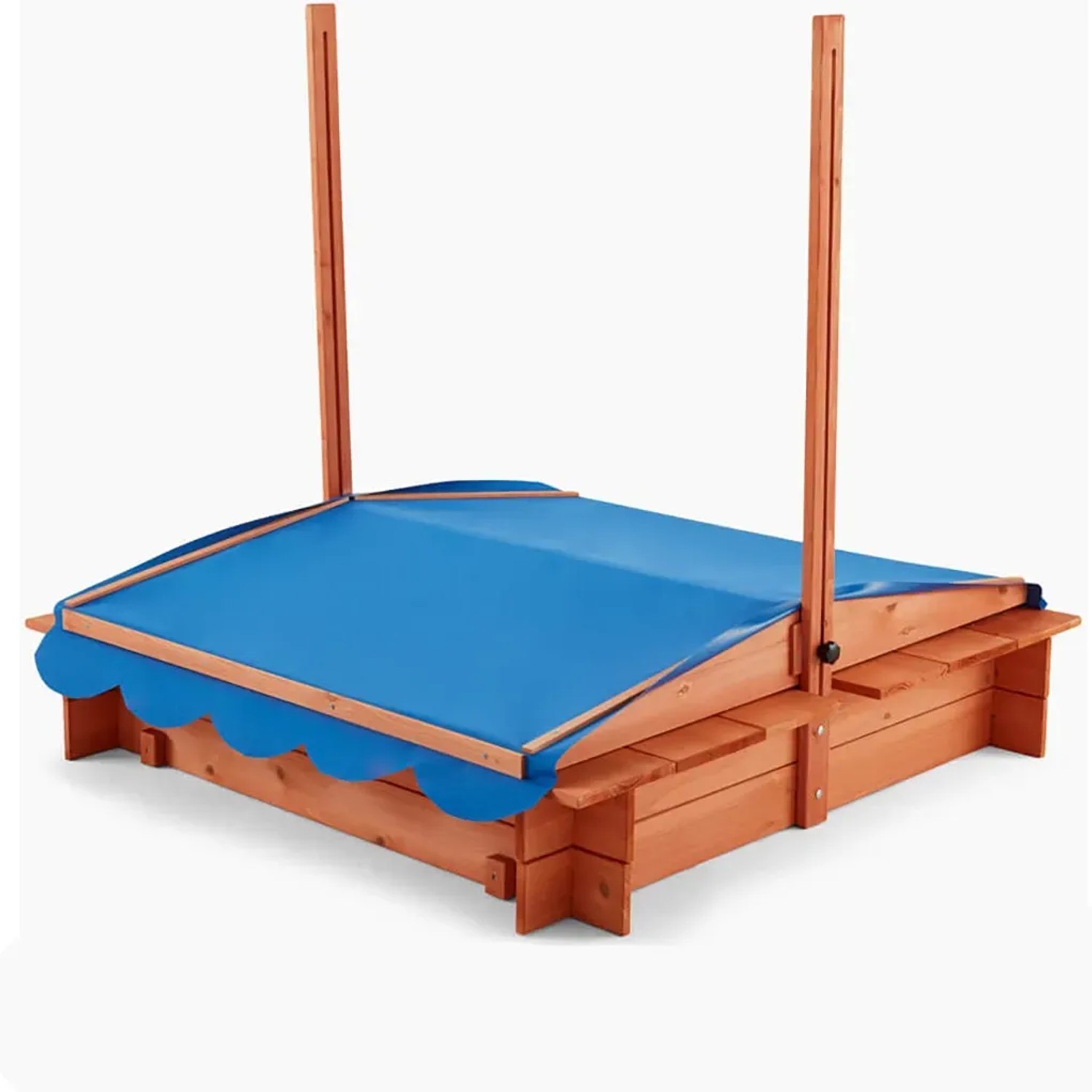 Home Deluxe Sandkasten Buddelkiste mit blauem Dach und Sitzbänken aus Holz.
