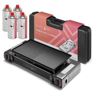 Evocamp Camping Gaskocher 2-flammig mit Grillaufsatz, 4 Gaskartuschen und Transportkoffer.