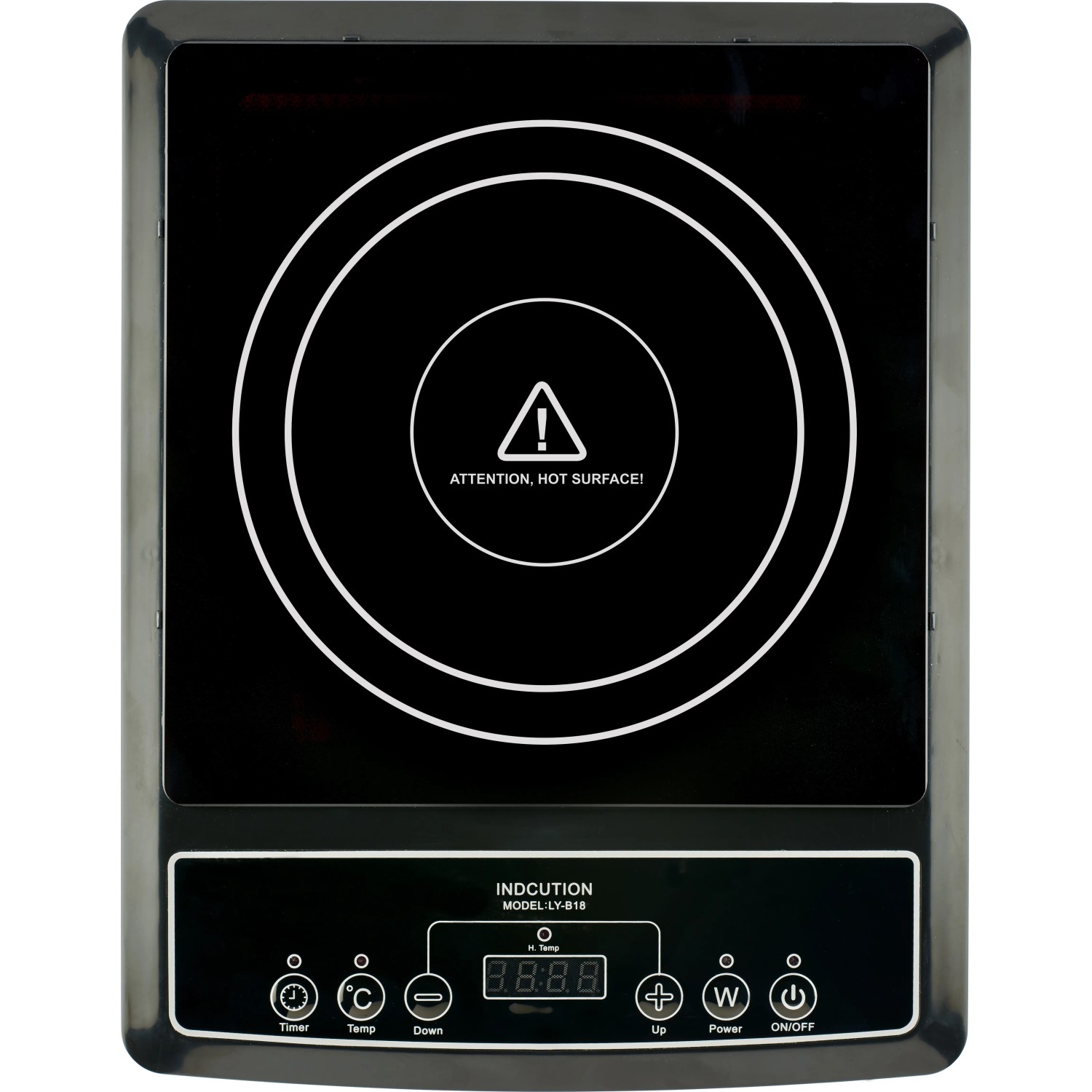 Schwarzes Induktionskochfeld mit digitaler Anzeige und Touch-Bedienfeld. Kompakte Kochplatte für Töpfe von 12-20 cm.