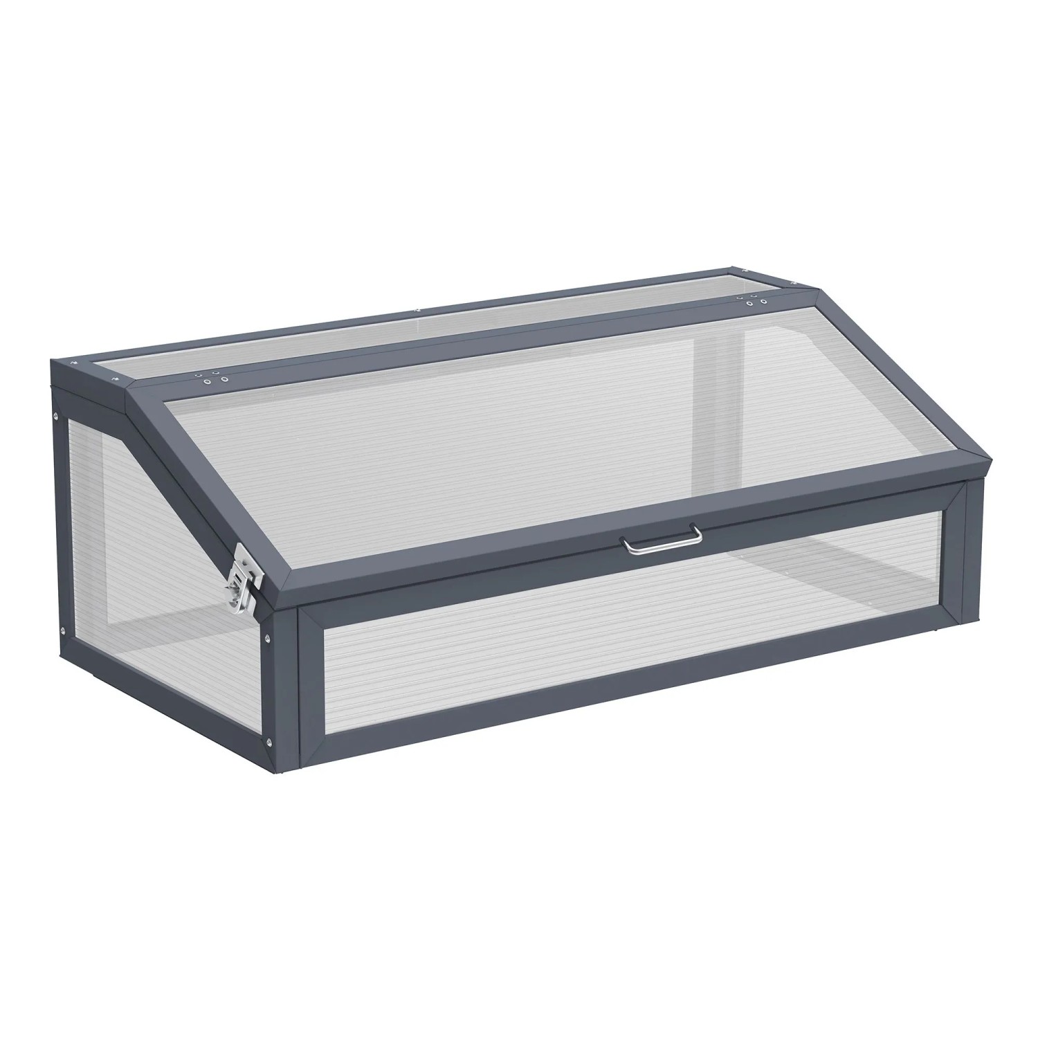 Anthrazitfarbener Westmann Frühbeetaufsatz für Hochbeete, aus Metall mit transparenten Platten und klappbarem Deckel.