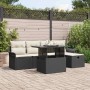 Schwarzes 6-tlg. vidaXL Garten-Sofa-Set aus Poly Rattan mit Tisch und Kissen.