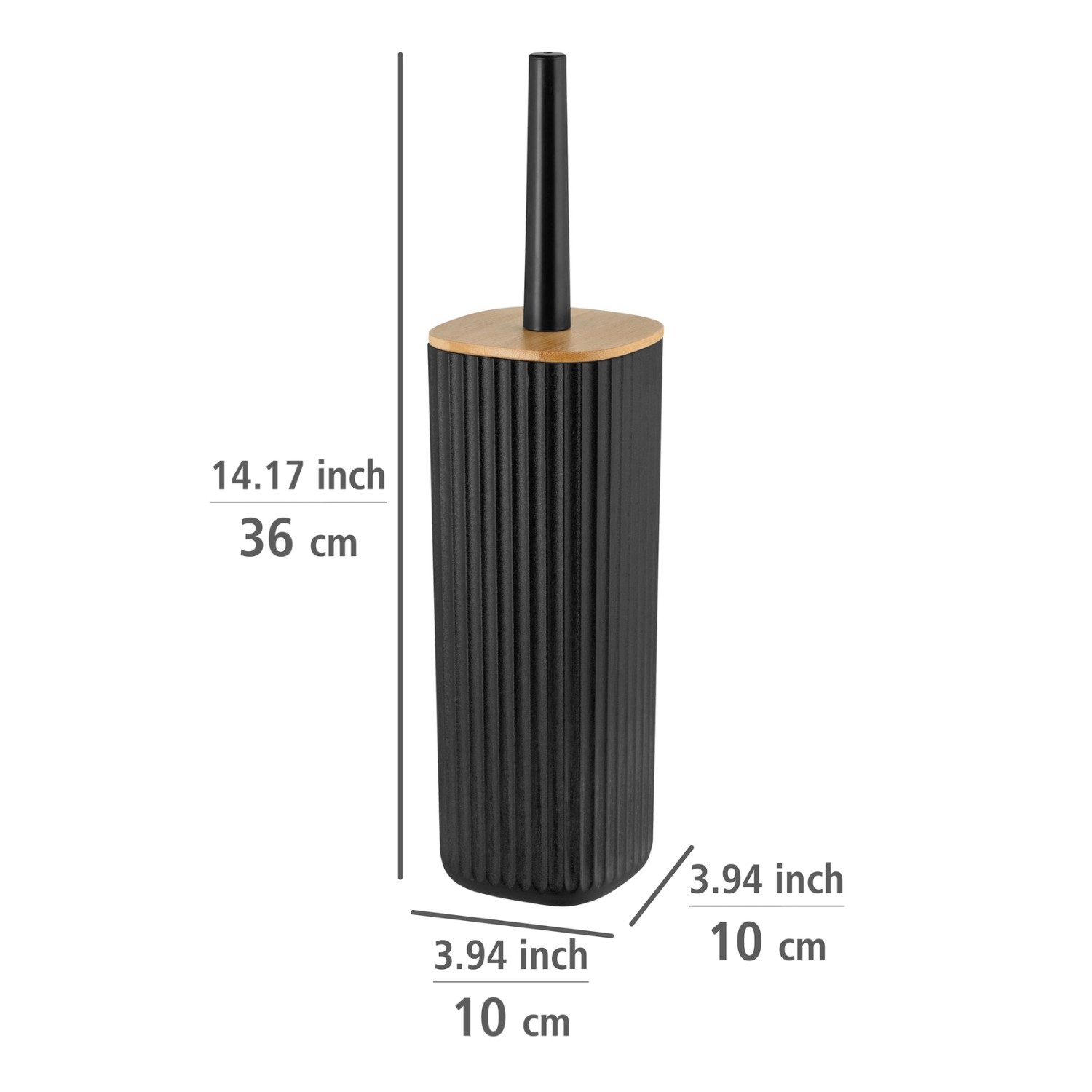 Schwarze WENKO WC-Garnitur Rotello mit Bambusdeckel, Rillenstruktur, 36 cm hoch.