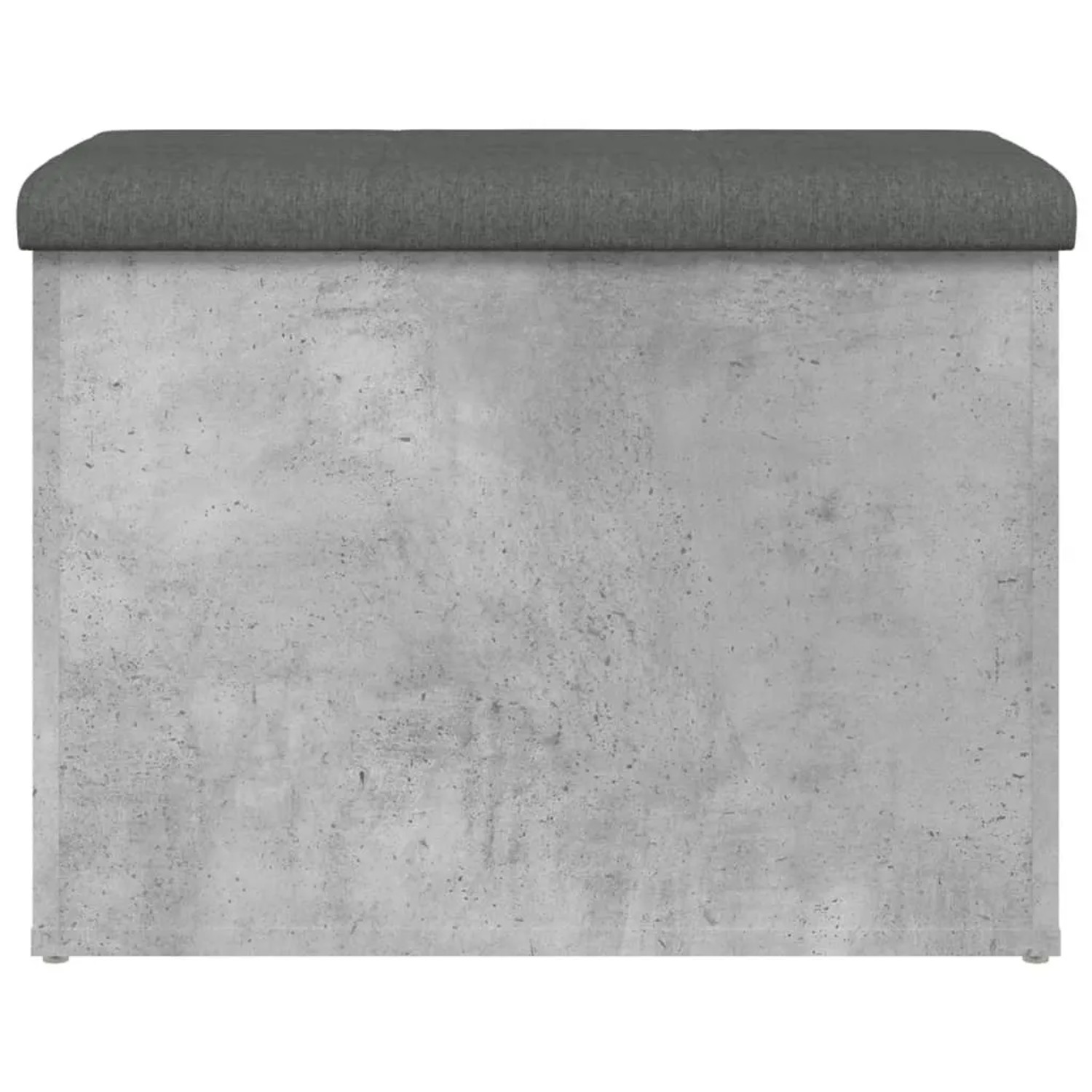 Betongraue Sitzbank mit Stauraum und dunklem Polsterkissen. Möbel für Flur oder Wohnzimmer.