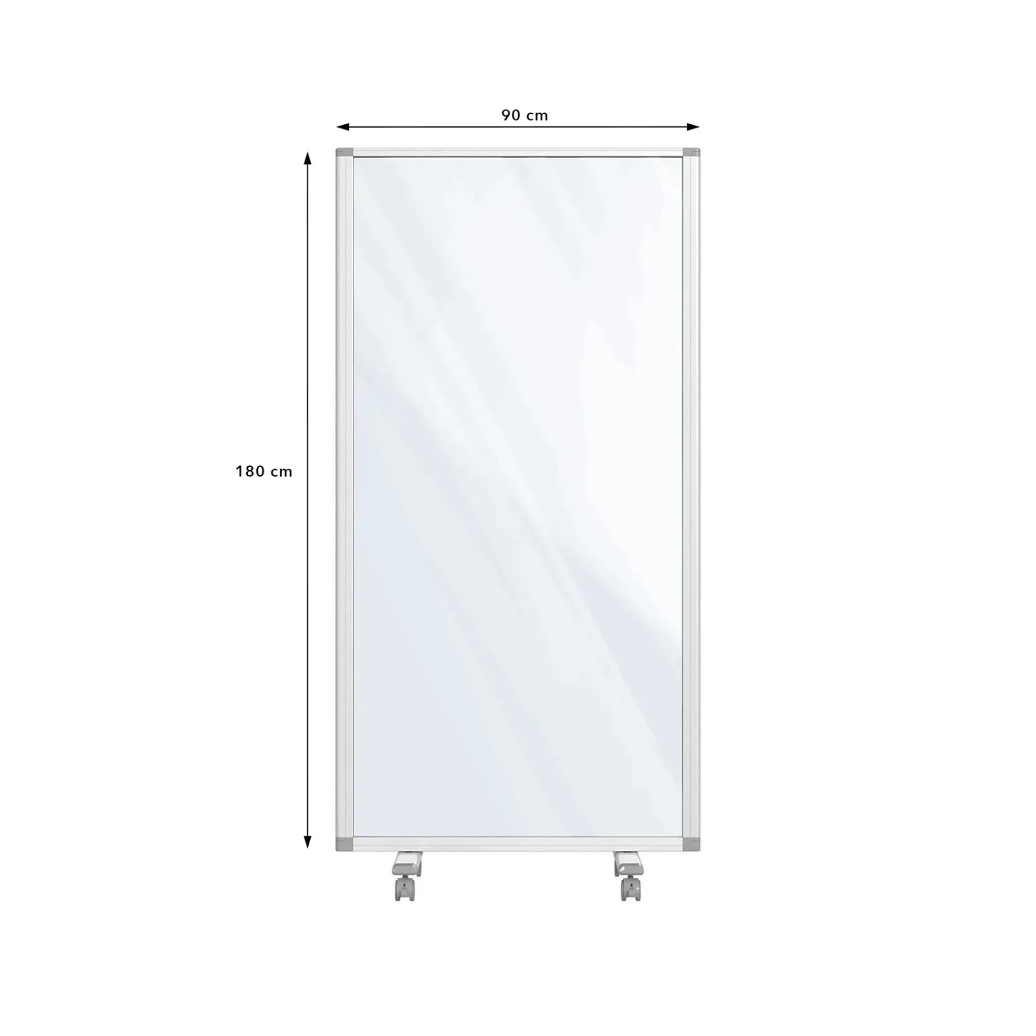 KARAT Mobile Trennwand, transparent, 90x180 cm, mit Rollen und Aluminiumrahmen.