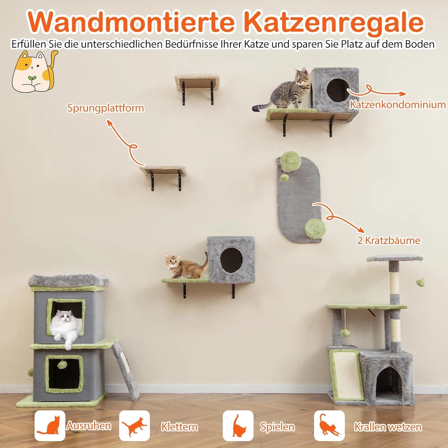 Costway Katzentreppe Katzenmöbel 7 PCS Kletterwand Katzen Grau_3