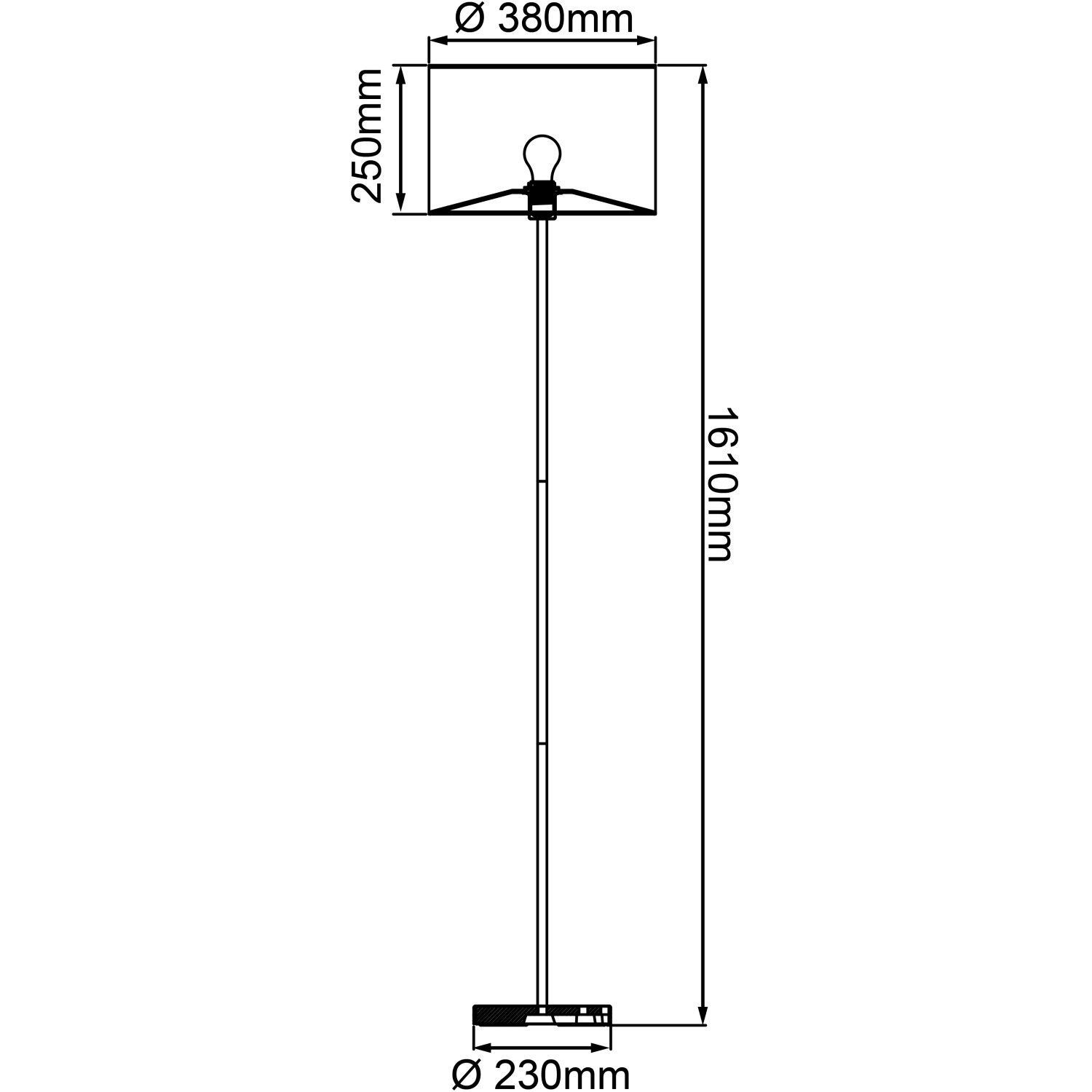 Skizze der schwarzen Brilliant Standleuchte Wimea mit naturfarbenem Schirm und Maßangaben.