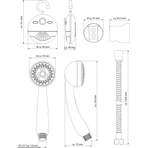 Technische Zeichnung: Schütte Handbrause-Set Shower & Swing mit Duschradio, Maße und Details.