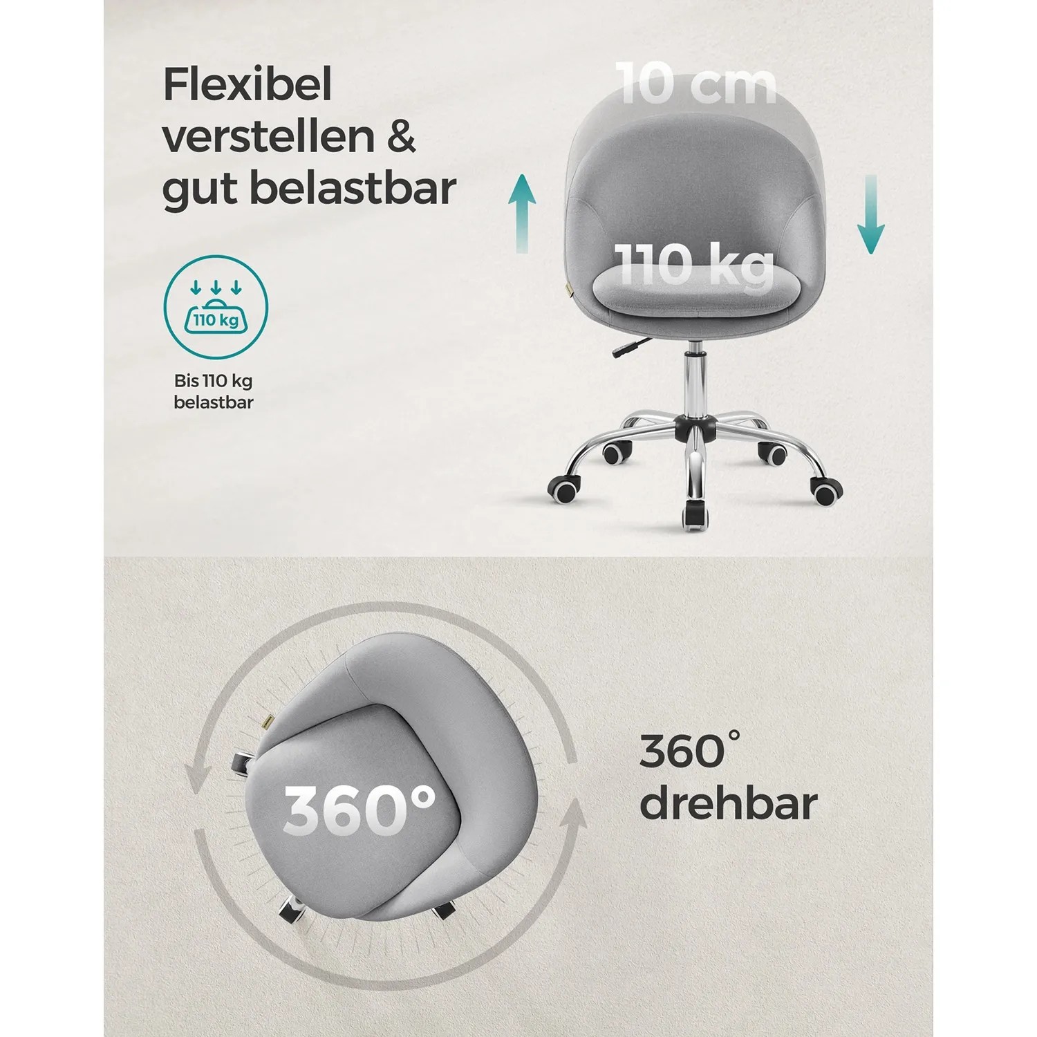 Grauer, höhenverstellbarer Songmics Schreibtischstuhl ohne Armlehnen, 360° drehbar.