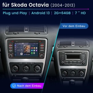 Junsun Android Autoradio für Skoda Octavia, Yeti, Rapid. Vorher/Nachher-Bild: modernes Touchscreen-Radio mit Carplay im Armaturenbrett.