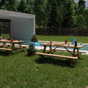 Holz4home Picknickbank Klassisch aus Kiefernholz im Garten mit Pool.