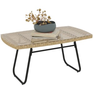 Outsunny Rattan Gartentisch mit Glasplatte und Stahlgestell in Naturholz Optik.