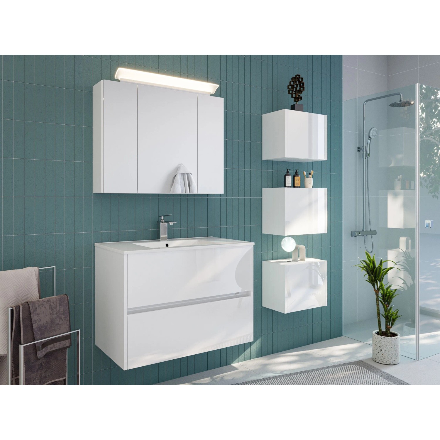 Posseik Badmöbelset Limes 80 cm Weiß Hochglanz LED
