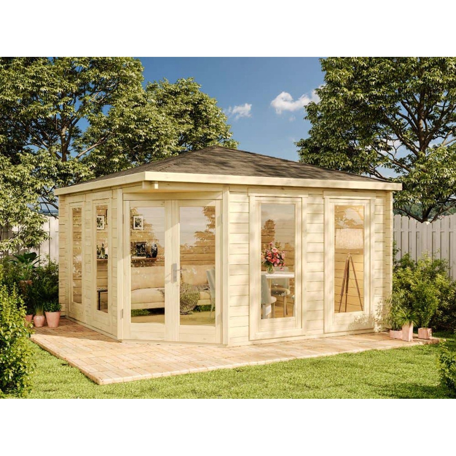 Alpholz Gartenhaus/Gerätehaus Maja ISO Spitzdach 425 cm x 425 cm Braun