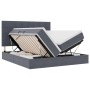 Dunkelgraues vidaXL Bett mit LED und Stauraum unter der hochgeklappten Matratze.