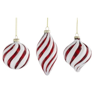 Weihnachtsglaskugeln, 3-fach sortiert, Ø 8cm, rot-weiß gestreift, verschiedene Formen.