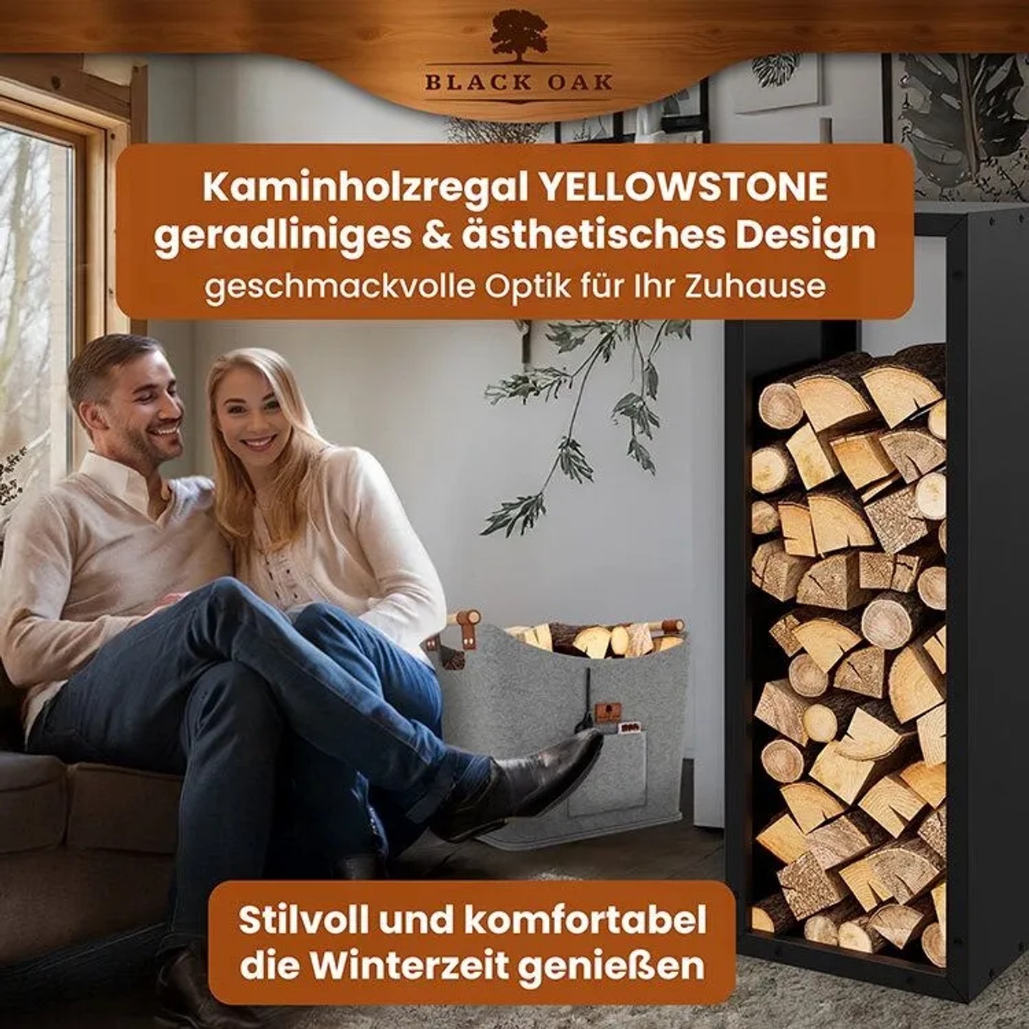 BLACK OAK Kaminholzregal YELLOWSTONE aus pulverbeschichtetem Stahl für Innen, mit Holz gefüllt.