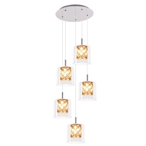 Moderne Kristall G9 Pendelleuchte mit 5 höhenverstellbaren Glas-Schirmen für Esszimmer. Elegantes Design.