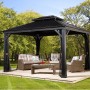 Sojag Aluminium Pavillon Messina 10x12 Anthrazit mit Möbeln und Moskitonetz im Garten.