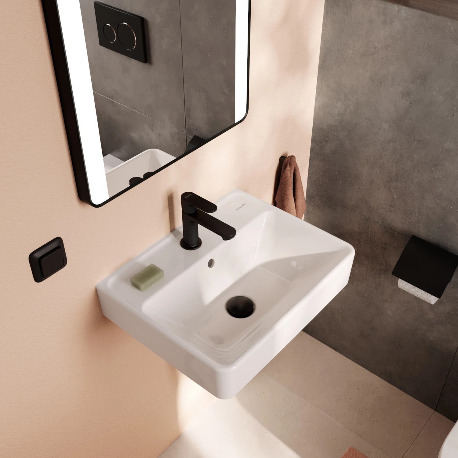 Hansgrohe Handwaschbecken Xanuia Q, 45x34 cm, Weiß, mit Armatur in modernem Bad.