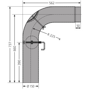 Technische Zeichnung: Justus Rohr-Set Ø 150 mm, gussgrau, mit Maßen. Zubehör für Kamine & Öfen.