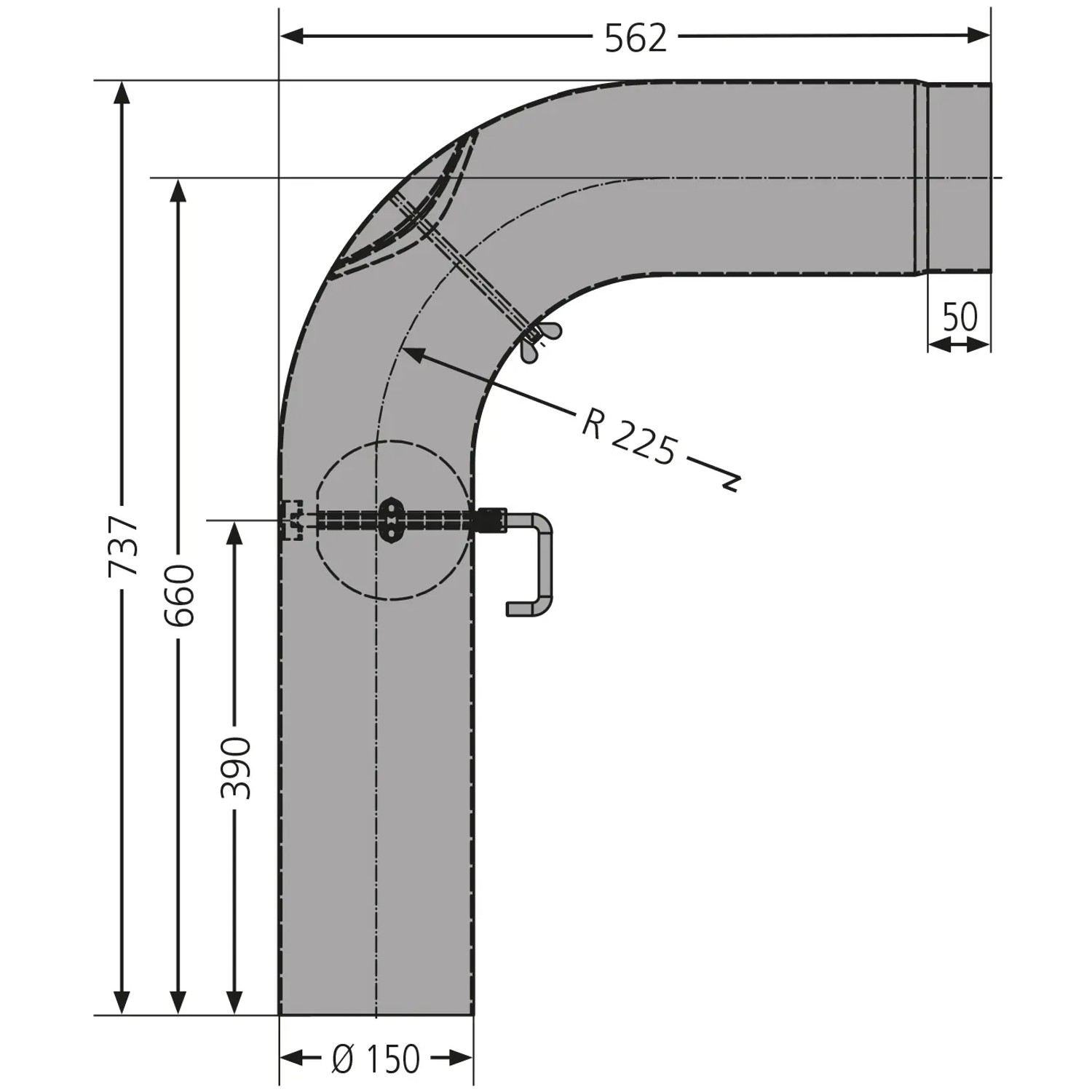 Technische Zeichnung: Justus Rohr-Set Ø 150 mm, gussgrau, mit Maßen. Zubehör für Kamine & Öfen.