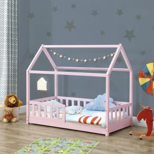 Rosa Juskys Kinderbett Marli (80x160 cm) im Hausdesign mit Lattenrost und Rausfallschutz.