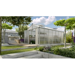 Vitavia Gewächshaus Zeus Comfort 13800 mit Alu-Rahmen und Hohlkammerplatten im Garten.