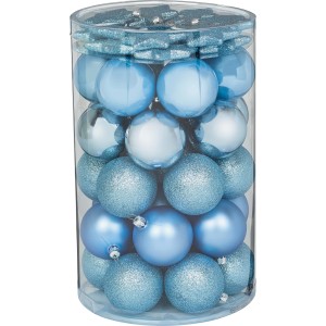 50-teiliges Weihnachtskugel-Set in Eisblau mit Kugeln und Sternen in verschiedenen Oberflächen.