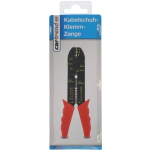 Cartrend Kabelschuh-Klemmzange mit roten Griffen und verschiedenen Funktionen für Autoelektrik.