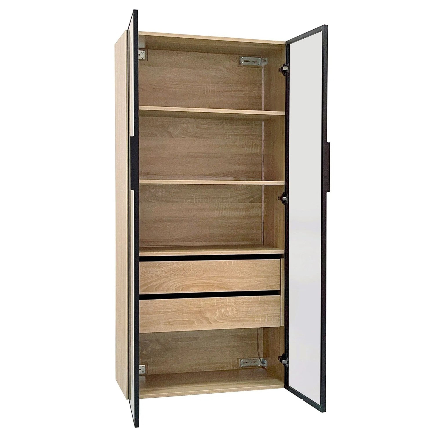 okwish Badezimmerschrank 2er Set mit Lichtleiste 2 Schubladen 2 Türen Glastür 74x36x155cm Natur