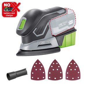 LUX Akku-Multischleifer A-MS-20 (ohne Akku/Ladegerät) mit Staubbox, Staubsaugeranschluss und Schleifpapier.