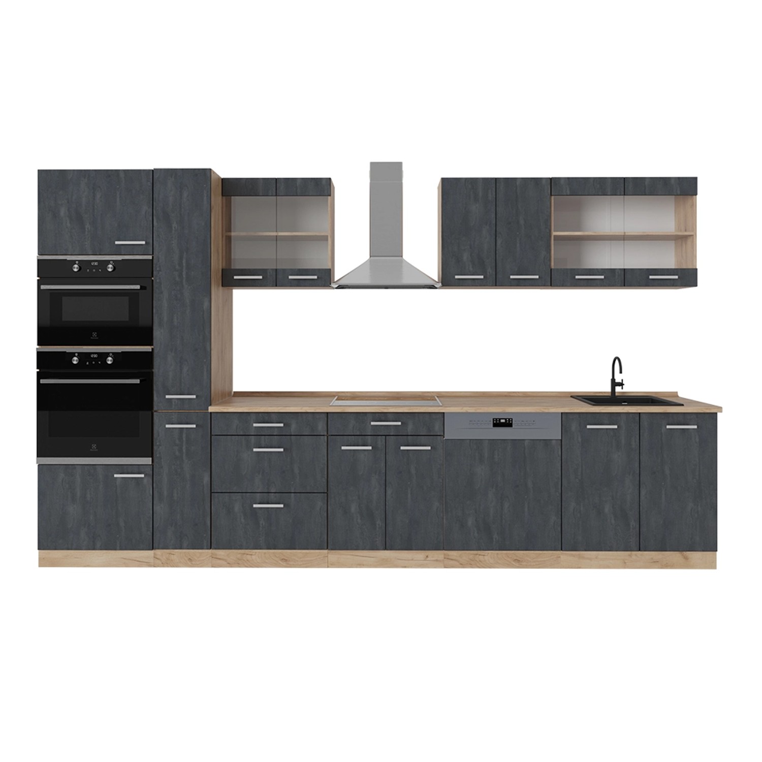 Vicco R-Line Komplettküche Schwarz Beton/Goldkraft Eiche 350 cm ohne Arbeit günstig online kaufen