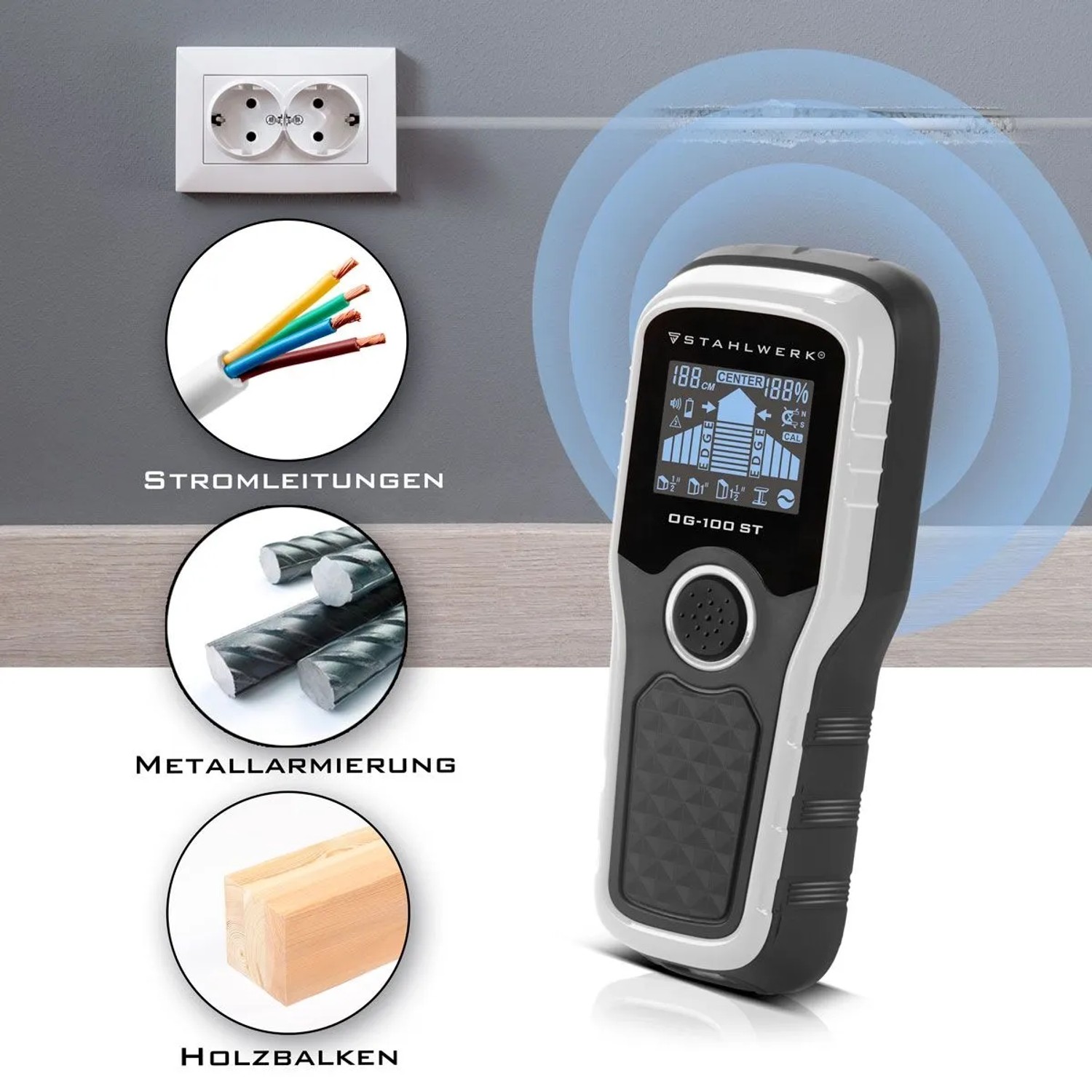 STAHLWERK Ortungsgerät OG-100 ST Wandscanner detektiert Stromleitungen, Metall, Holzbalken in Wänden mit LCD-Anzeige.